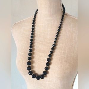Vintage Black Lucite Bead Necklace - Graduated with Gold Tone Spacers
